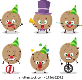 Cartoon character of brown coconut with various circus shows