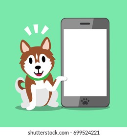 Cartoon character brown siberian husky dog and smartphone