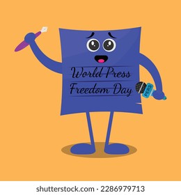 A cartoon character with a brush and a microphone that says world press freedom day.