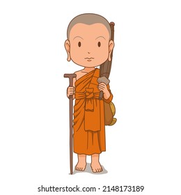 Cartoon character of Buddhist monk go on a pilgrimage.