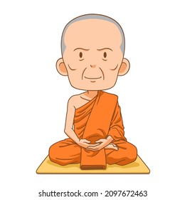 Cartoon character of Buddhist monk sitting meditation.