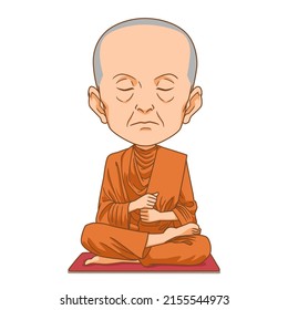 Cartoon character of Buddhist monk sitting meditation.