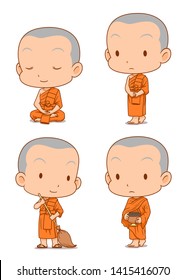 Cartoon character of Buddhist monks in different poses.