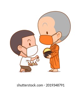 Cartoon character of Buddhist monks  receive food from a boy,  they both are wearing mask.