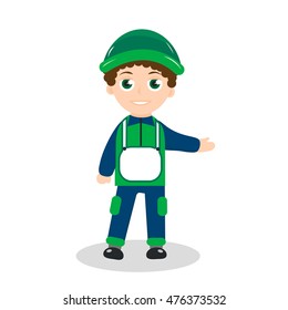 Cartoon character builder. Boy mascot. Worker builder mascot logo. Vector illustration