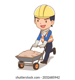 Cartoon character of builder with  double wheelbarrow.