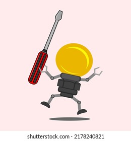 Cartoon character of bulb lamp with screwdriver. 