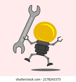 Cartoon character of bulb lamp with wrench. 