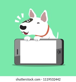 Cartoon character bull terrier dog with a big smartphone for design.