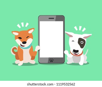 Cartoon character bull terrier dog and shiba inu dog with smartphone for design.