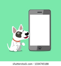 Cartoon character bull terrier dog and smartphone for design.