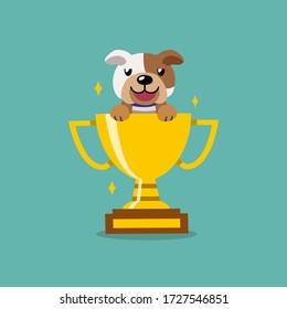 Cartoon character bulldog with gold trophy cup award for design.