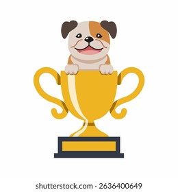Cartoon character bulldog with gold trophy cup award for design.