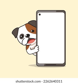 Cartoon character bulldog and smartphone for design.