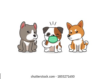 Cartoon character bulldog wearing protective face mask with other dogs for design.