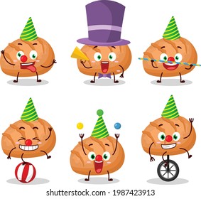 Cartoon character of bun bread with various circus shows. Vector illustration