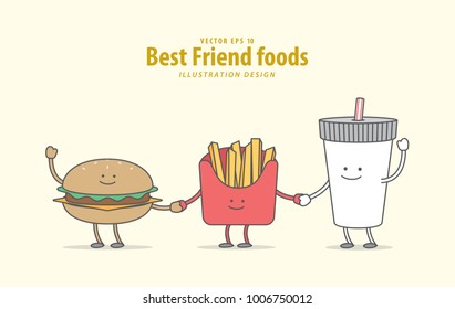 Cartoon character of Burger, French fries, Soda illustration vector on pale yellow background. Best friend foods concept.