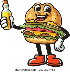 Cartoon character burger holding a bottle of oil