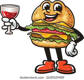 Cartoon character burger holding a glass of drink