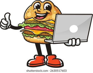 Cartoon character burger holding laptop