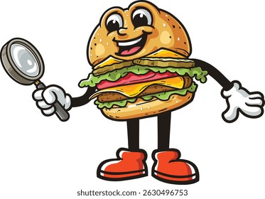 Cartoon character burger holding a magnifying glass