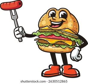 Cartoon character burger holding sausage