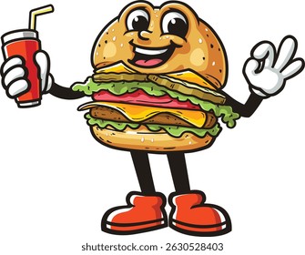 Cartoon personagem hambúrguer segurando refrigerante