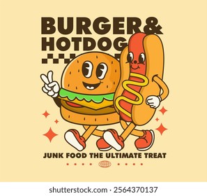 cartoon character  burger and hotdog street food. ideal for graphic tees, t-shirts, posters, stickers, merchandise, and more Retro cartoon style. Vector illustration