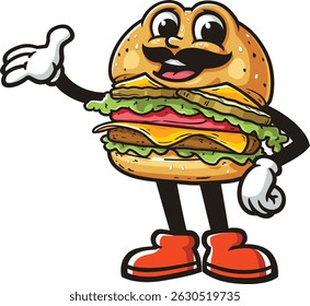 Cartoon character burger with mustache