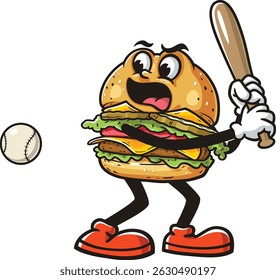 Cartoon personagem hambúrguer jogando beisebol