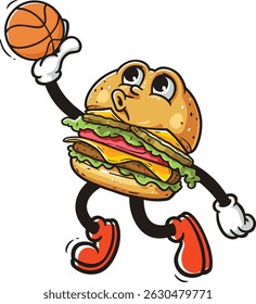 Cartoon character burger playing slam dunk basketball