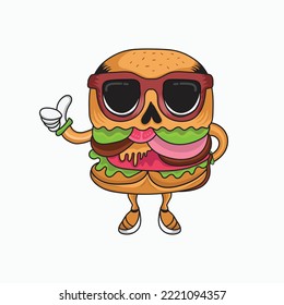 Burger de caracteres de dibujos animados con ilustración gráfica del vector de vidrio solar