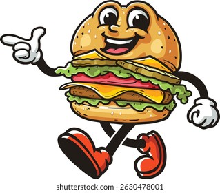 Cartoon character burger is walking and finds an idea