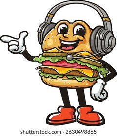 Cartoon character burger wearing headset or headphone