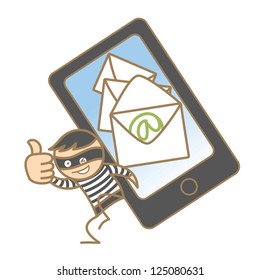 cartoon character of burglar getting mobile data