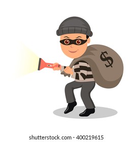 Cartoon character burglar in a mask with the stolen bag. Male in a mask with a bag and a torch sneaks on tiptoe