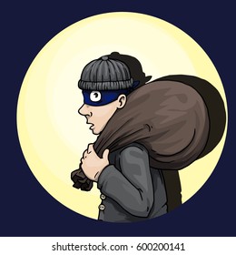 cartoon character, burglar, thief, caught by a flash light, vector illustration