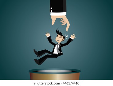 Cartoon character, Business big hand throwing a businessman to trash bin., vector eps10