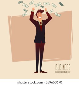 Cartoon character. Business concept. Money bills fall to the businessman, vector illustration