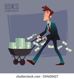 Cartoon character. Business concept. Successful businessman pulling a cart full of money, vector illustration. 