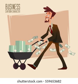 Cartoon character. Business concept. Successful businessman pulling a cart full of money, vector illustration. 