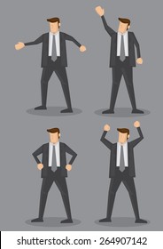 Cartoon character of a business executive wearing full suit in different gestures. Vector illustration isolated on grey background.