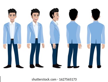 Cartoon character with business man in a blue suit for animation. Front, side, back, 3-4 view animated character. Flat vector illustration. 