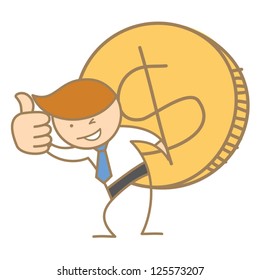 cartoon character of business man carrying big dollar coin