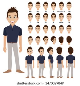 Cartoon character with business man in casual wear for animation. Front, side, back, 3-4 view character. Separate parts of body. Flat vector illustration.