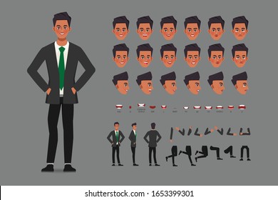 Cartoon character with business man in casual wear for animation. Front, side, behaviour character. Separate parts of body. Flat vector illustration.