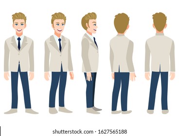 Cartoon Character With Business Man In A Gray Suit For Animation. Front, Side, Back, 3-4 View Animated Character. Flat Vector Illustration.