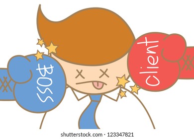 cartoon character of business man knock out by boss and client