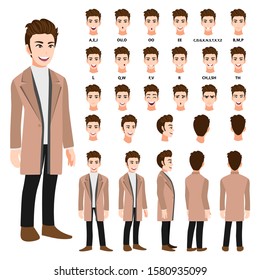 Cartoon character with business man in a long coat for animation. Front, side, back, 3-4 view character. Separate parts of body. Flat vector illustration.