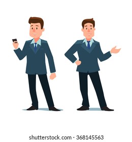 cartoon character, business man with phone and show something, in various poses, vector illustration